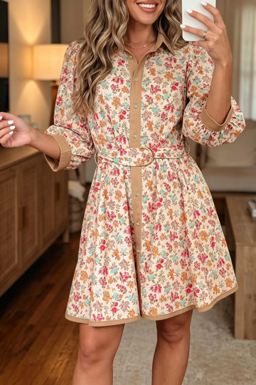Floral Print Colour Block Trim Button Down 3/4 Sleeve Belted Mini Dress – Orange