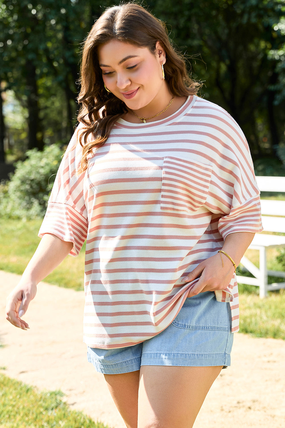 Pink Stripe Waffle Knit Pocketed Half Sleeve Plus Size T Shirt BB Fashion Outlet