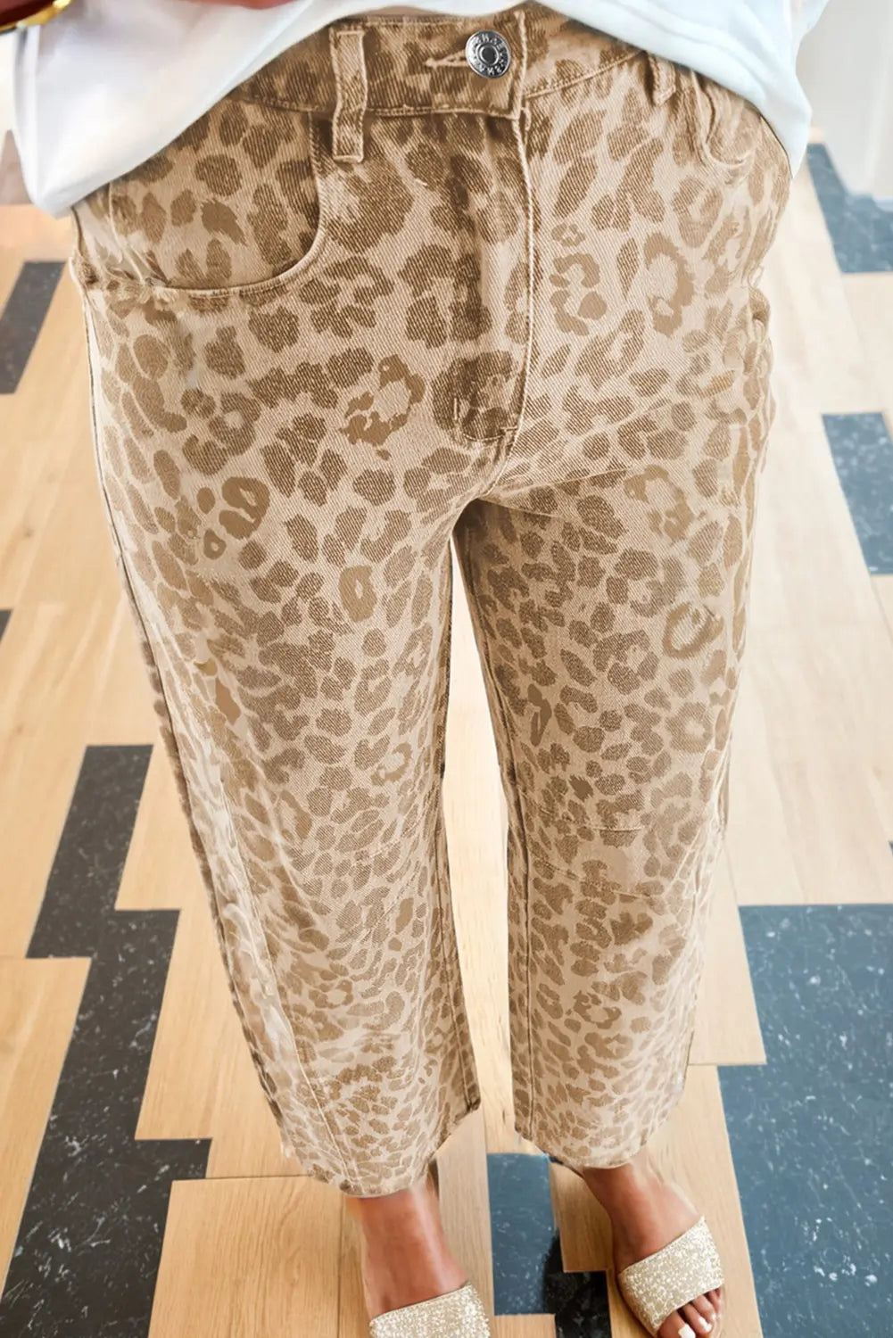 Leopard Print Straight Loose Jeans - Khaki / 4 USA - Bottoms/Jeans