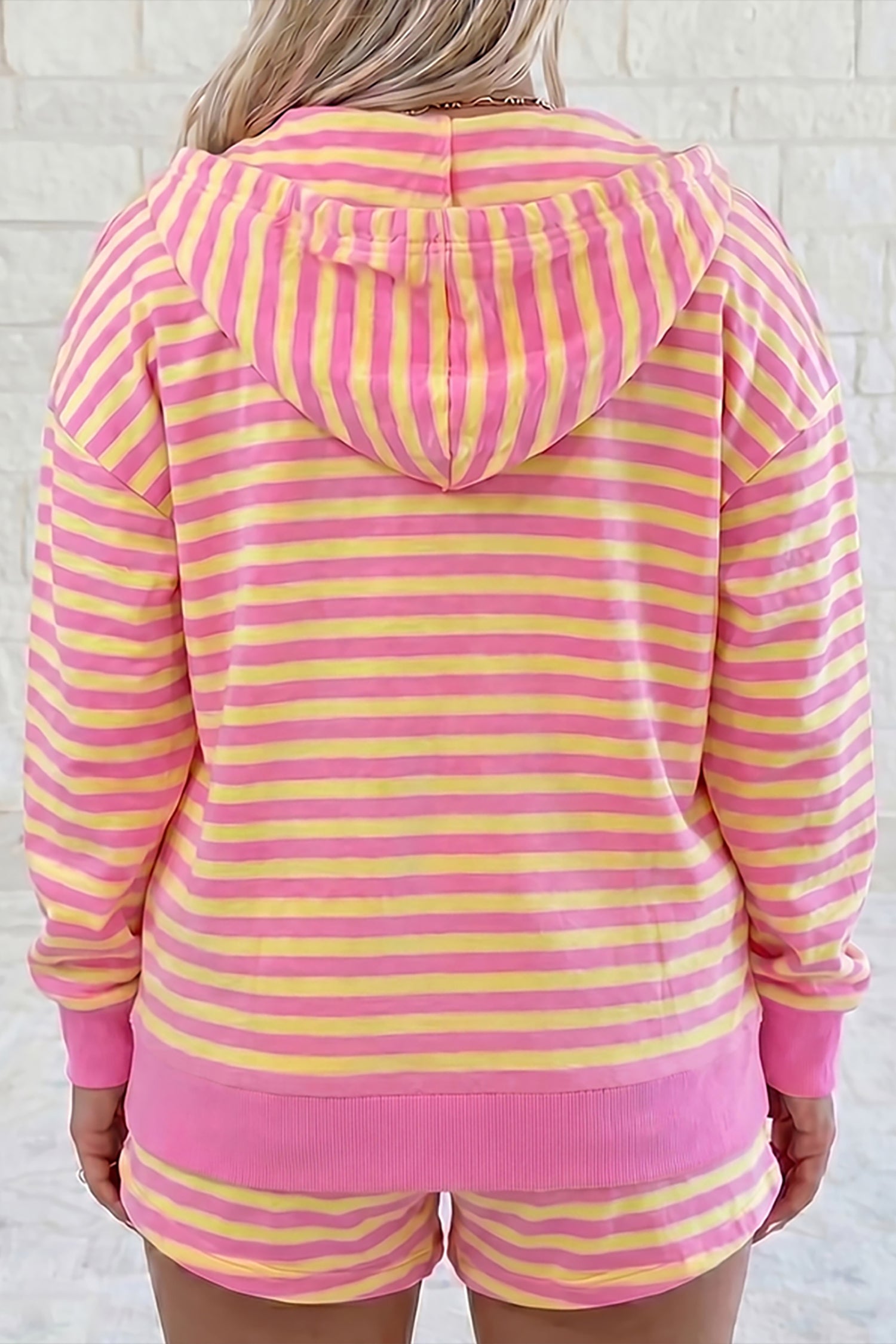 Striped Long Sleeve Zip-Up Hoodie Drawstring Elastic Waist 2pcs Short Set – Rose Red