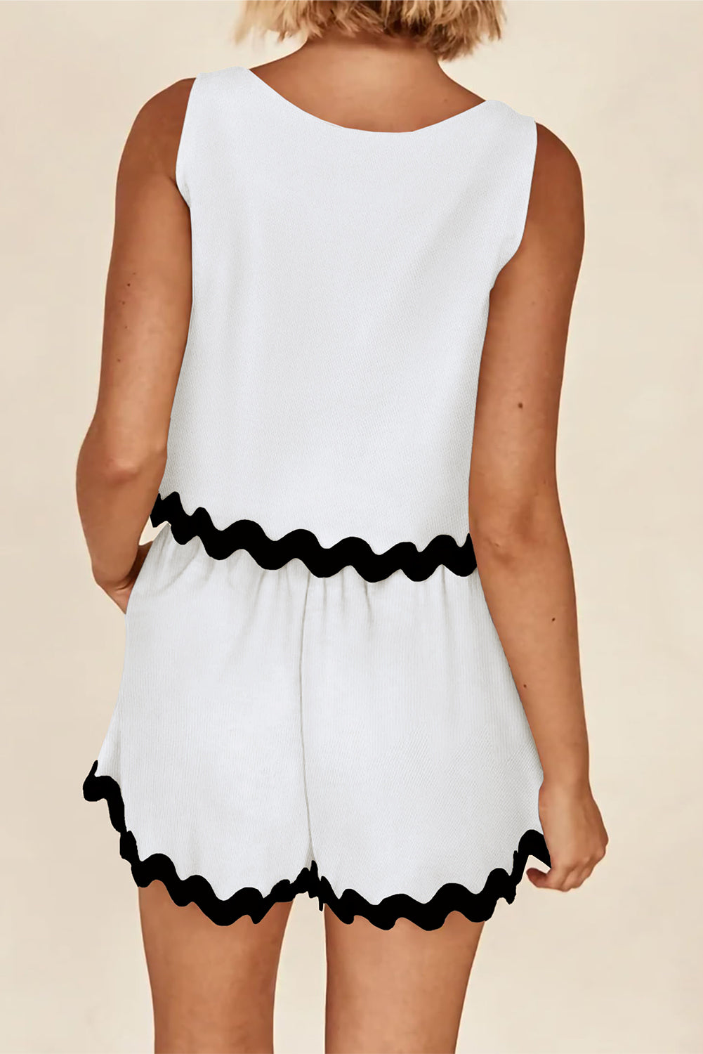 Black Ricrac Trim Tank Top Elastic Waist Shorts Set eAura