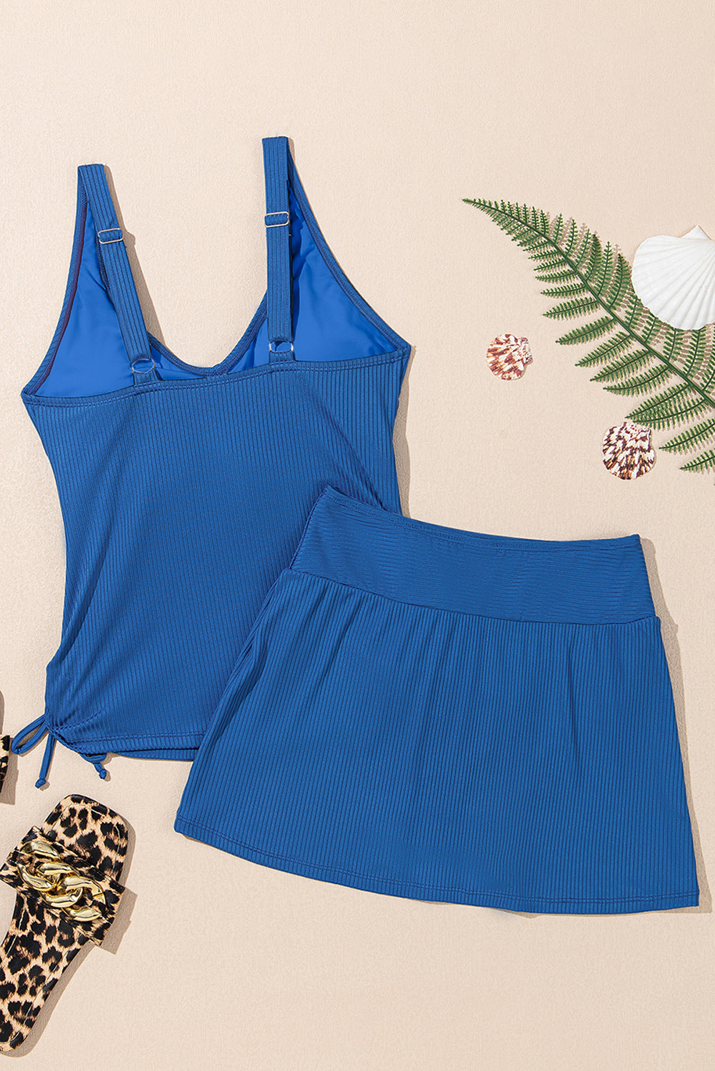 Ribbed Crossed Detail Tankini & Skort Two-Piece Swimsuit