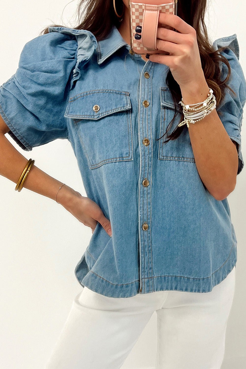 Ruffle Detail Short Puff Sleeve Denim Shirt - Tops/Blouses & Shirts