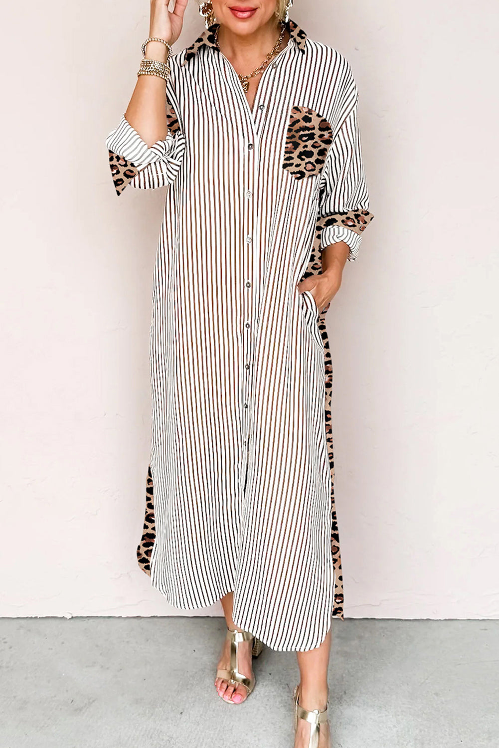 Stripe Contrast Leopard Patchwork Long Shirt Dress with Slits