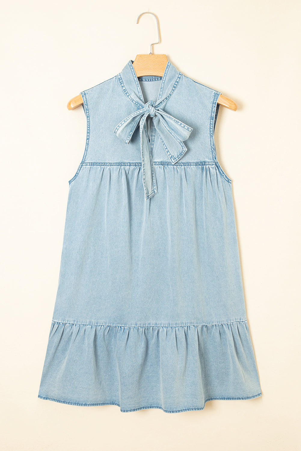 Beau Blue Bowknot Neck Sleeveless Ruffled Chambray Dress - eAura