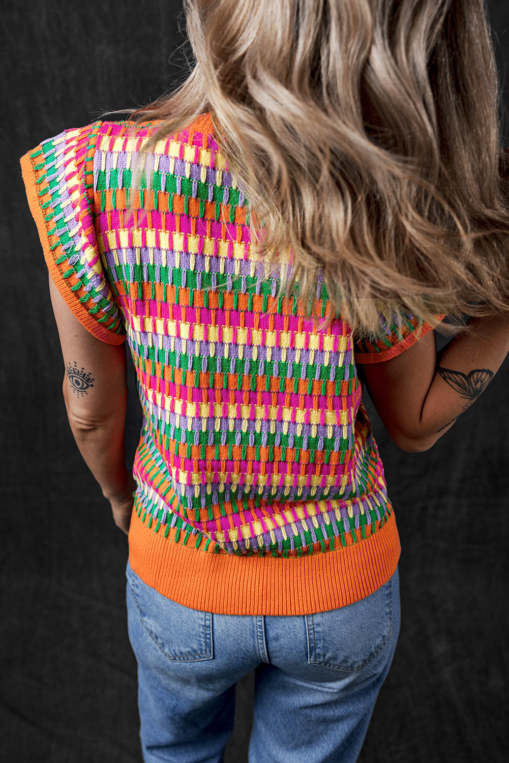 Green Multi Flutter Sleeve Knitted Sweater Top eAura
