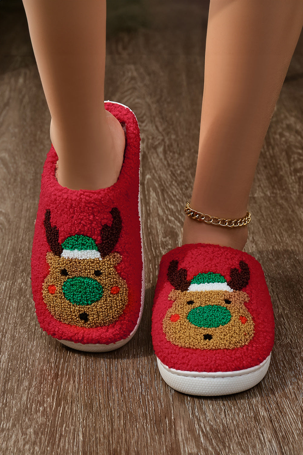 Christmas Reindeer Pattern Thick Sole Plush Slippers - eAura