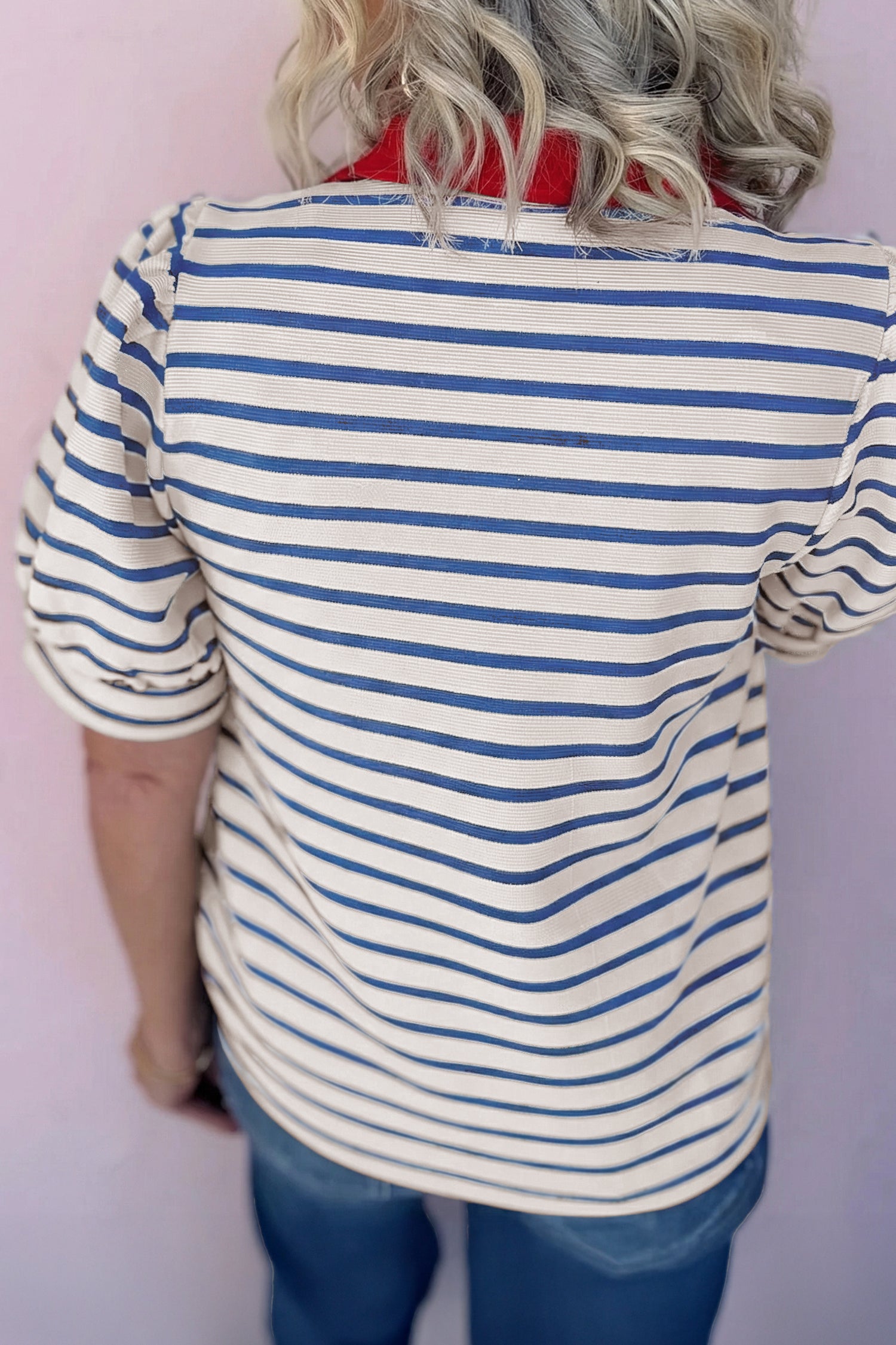 Short Puff Sleeve Color Block Polo Collar Blouse – Pink Stripe