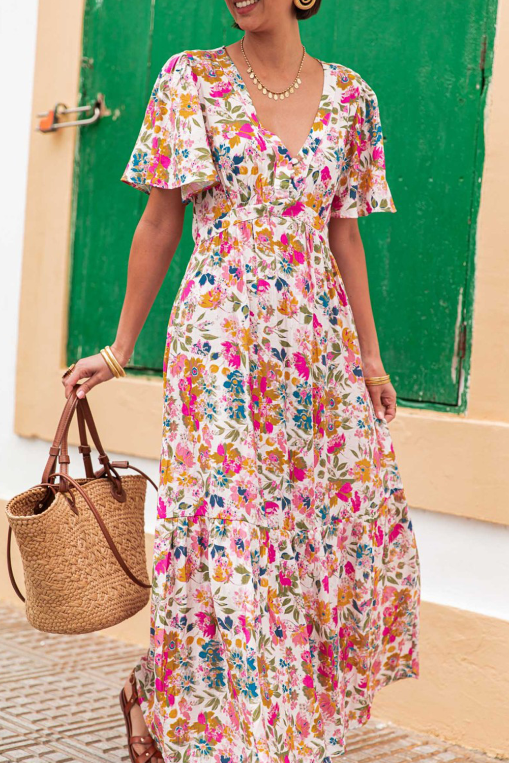 Red Floral Short Sleeve V Neck High Waist Maxi Dress eAura