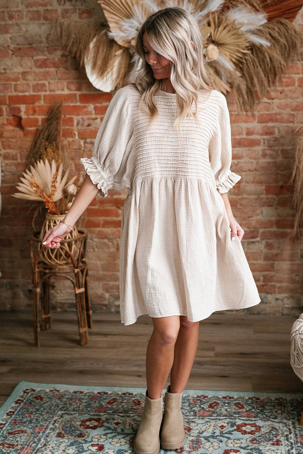 White Textured Ruffled Puff Sleeve Oversized Dress eAura