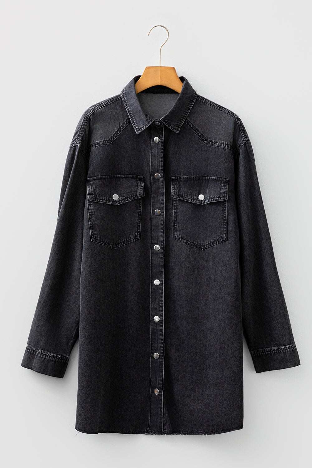 Chest Pocket Raw Hem Denim Loose Shirt Dress