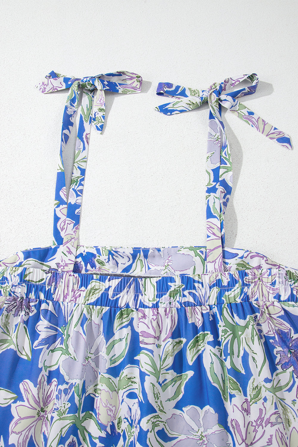 Sky Blue Floral Print Self-tie Straps Flowy Ruffle Long Dress eAura