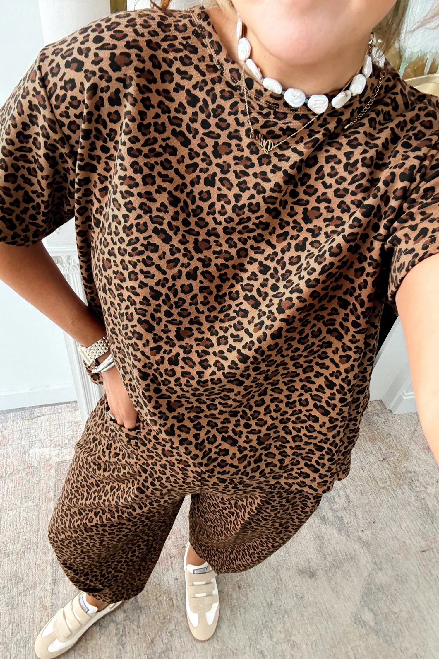 Leopard Loose Tee Drawstring Waist Barrel Trousers and Top Co-ord Set - eAura