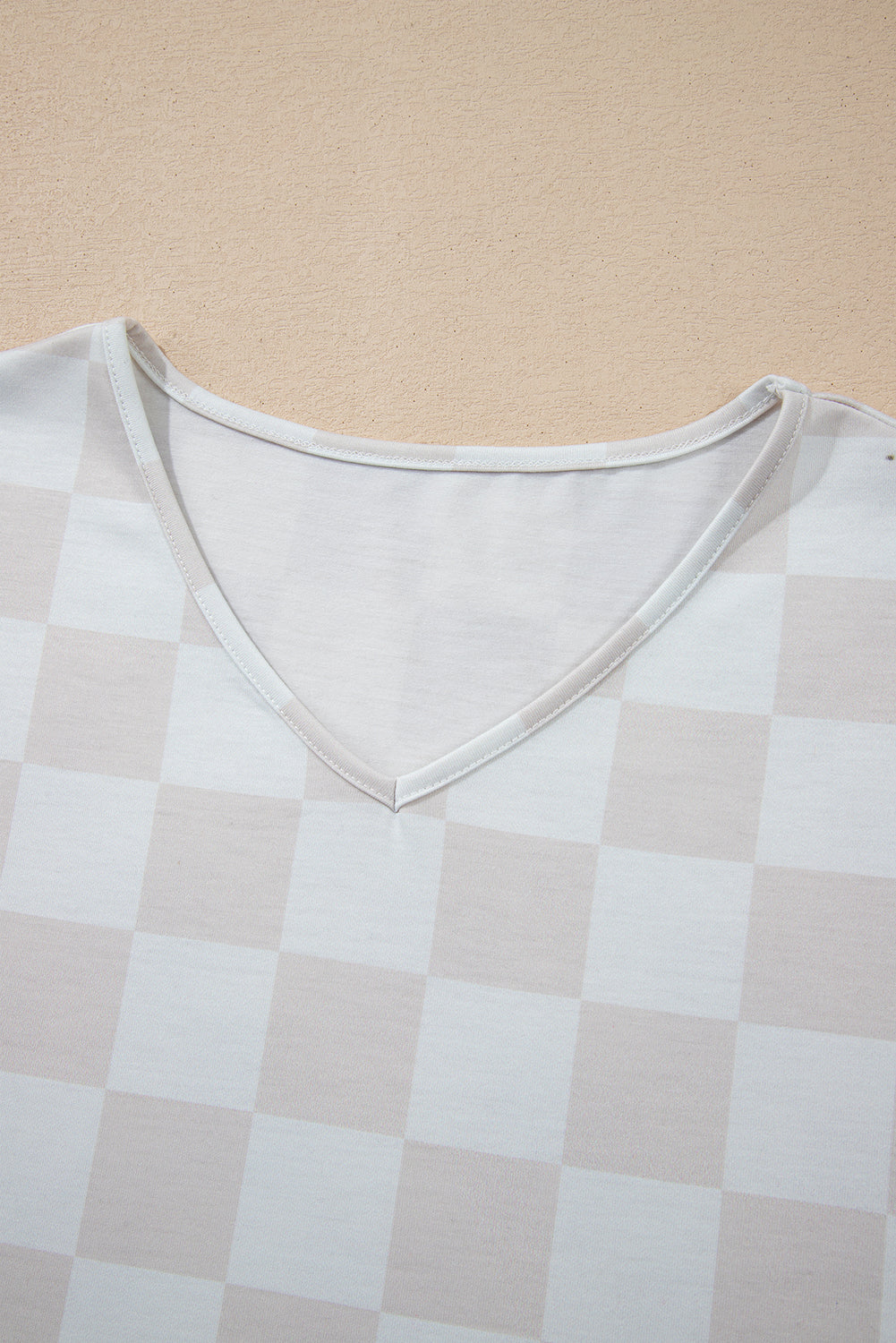 Beige Checkered V Neck Tee Drawstring Shorts Lounge Set eAura