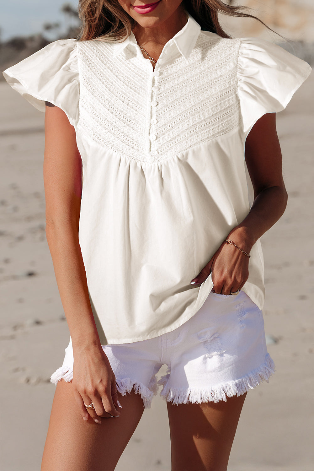 White Half Button Lace Patchwork Flutter Sleeve Blouse eAura