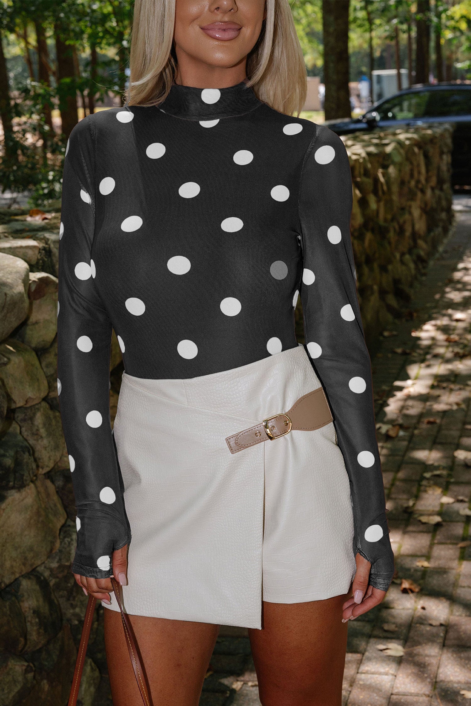 Polka Dot Print Mesh Long Sleeve Bodysuit