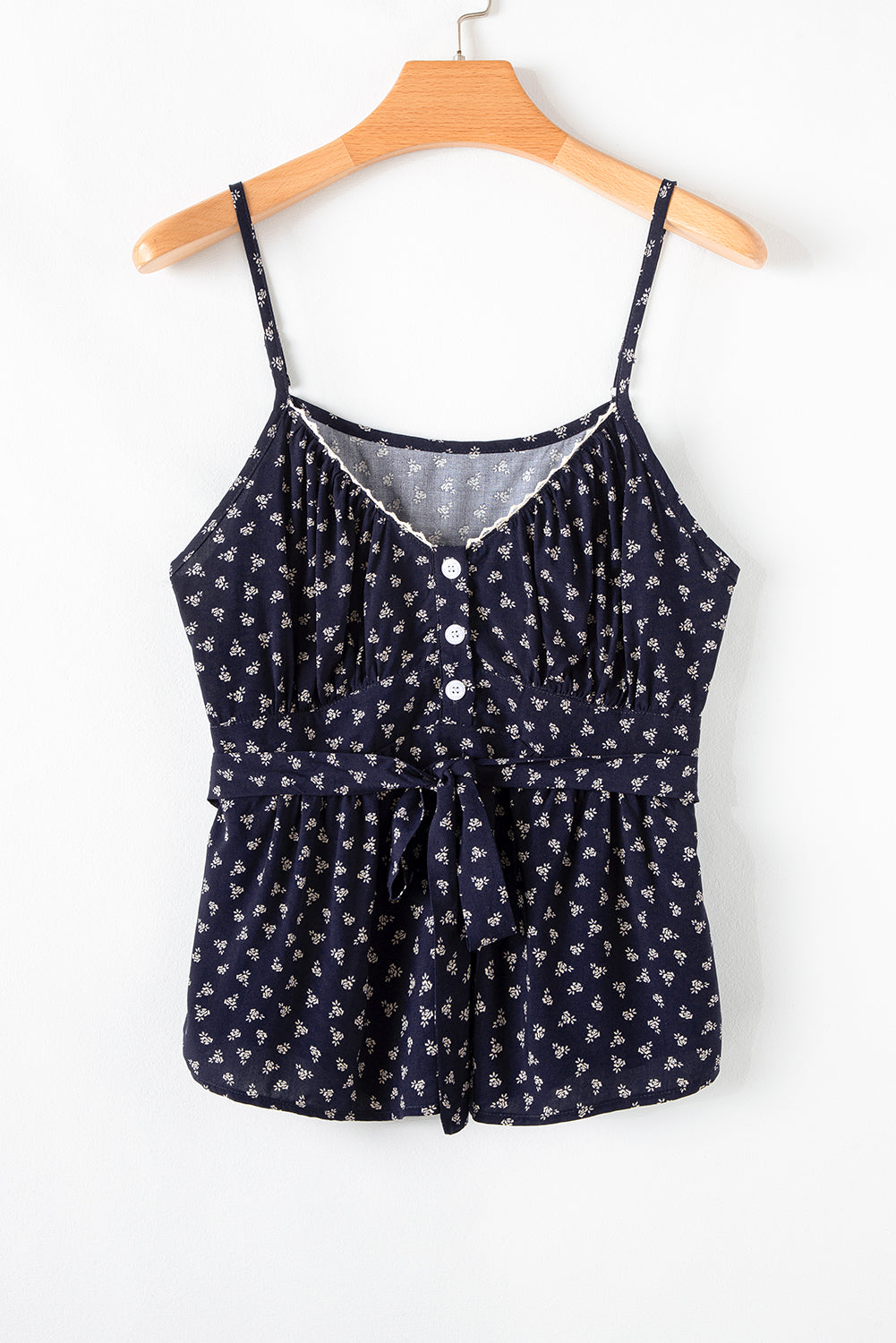 Blue Floral Print Spaghetti Strap Buttoned V Neck Cami Top eAura