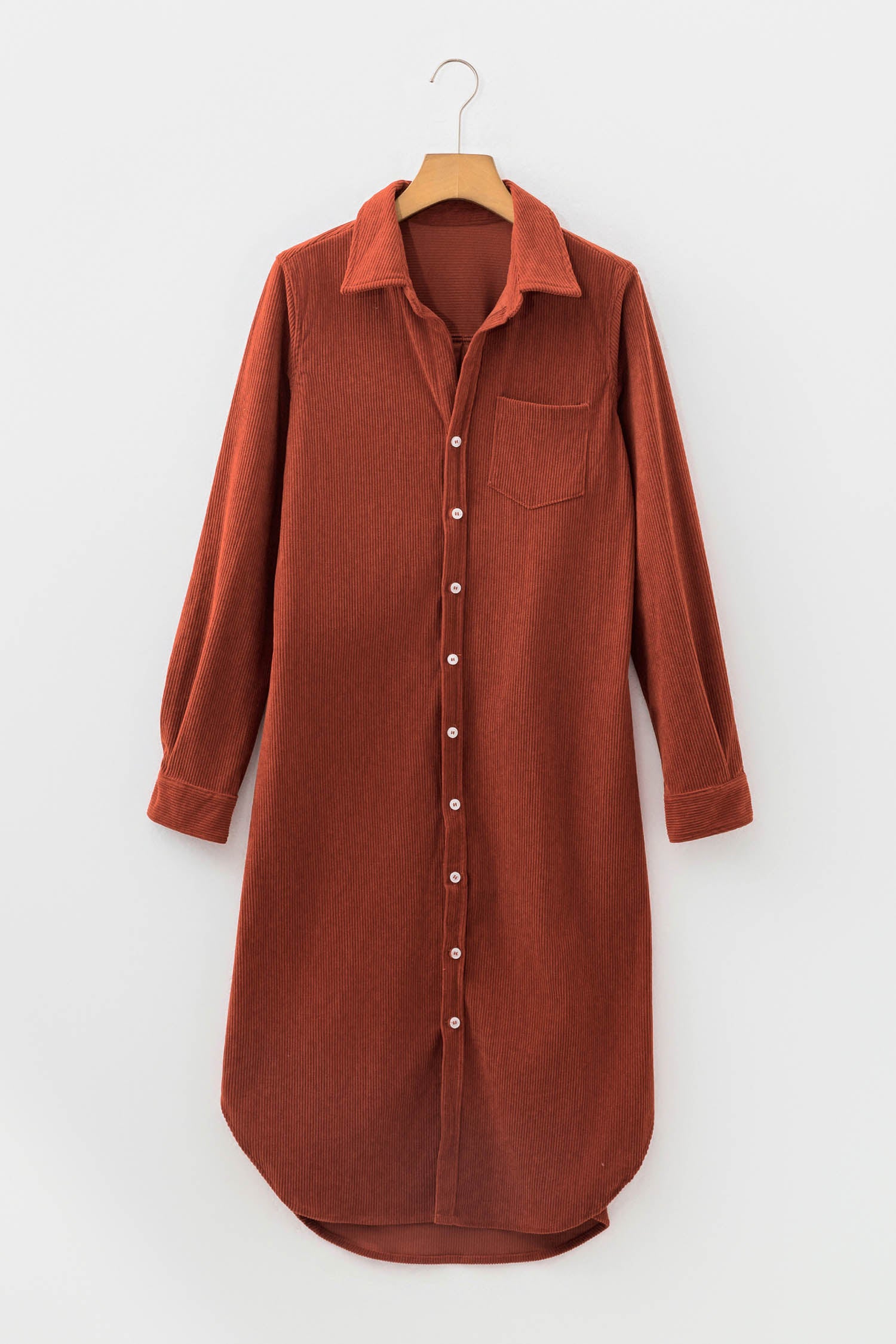 Long Sleeve Button Down Corduroy Midi Length One Piece Dress – Clay