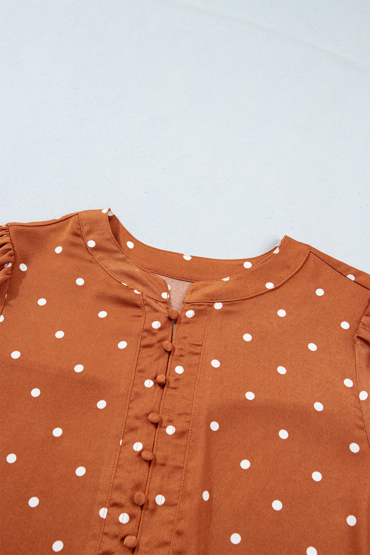 Polka Dot Half Button V Neck Long Sleeve Blouse – Brown