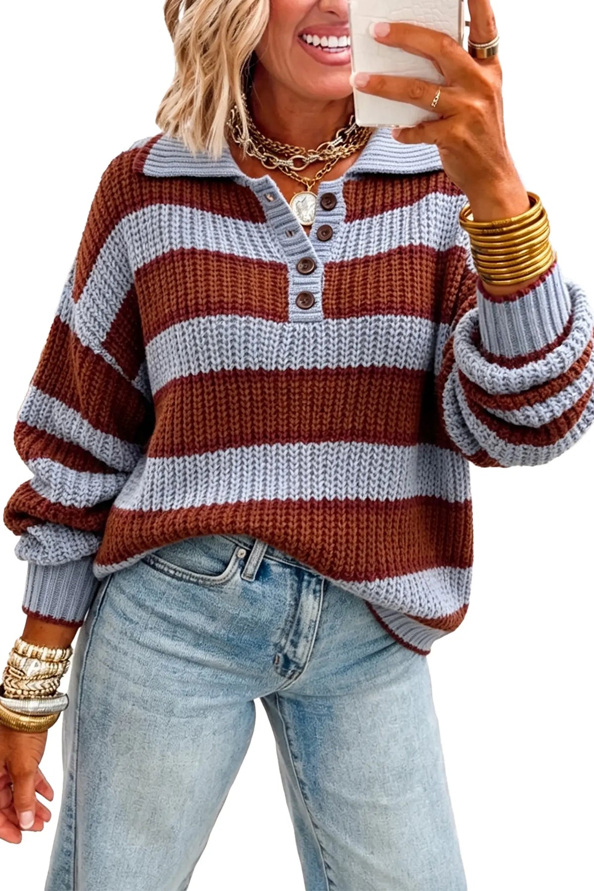 Pullover sweater with button collar and dropped shoulder