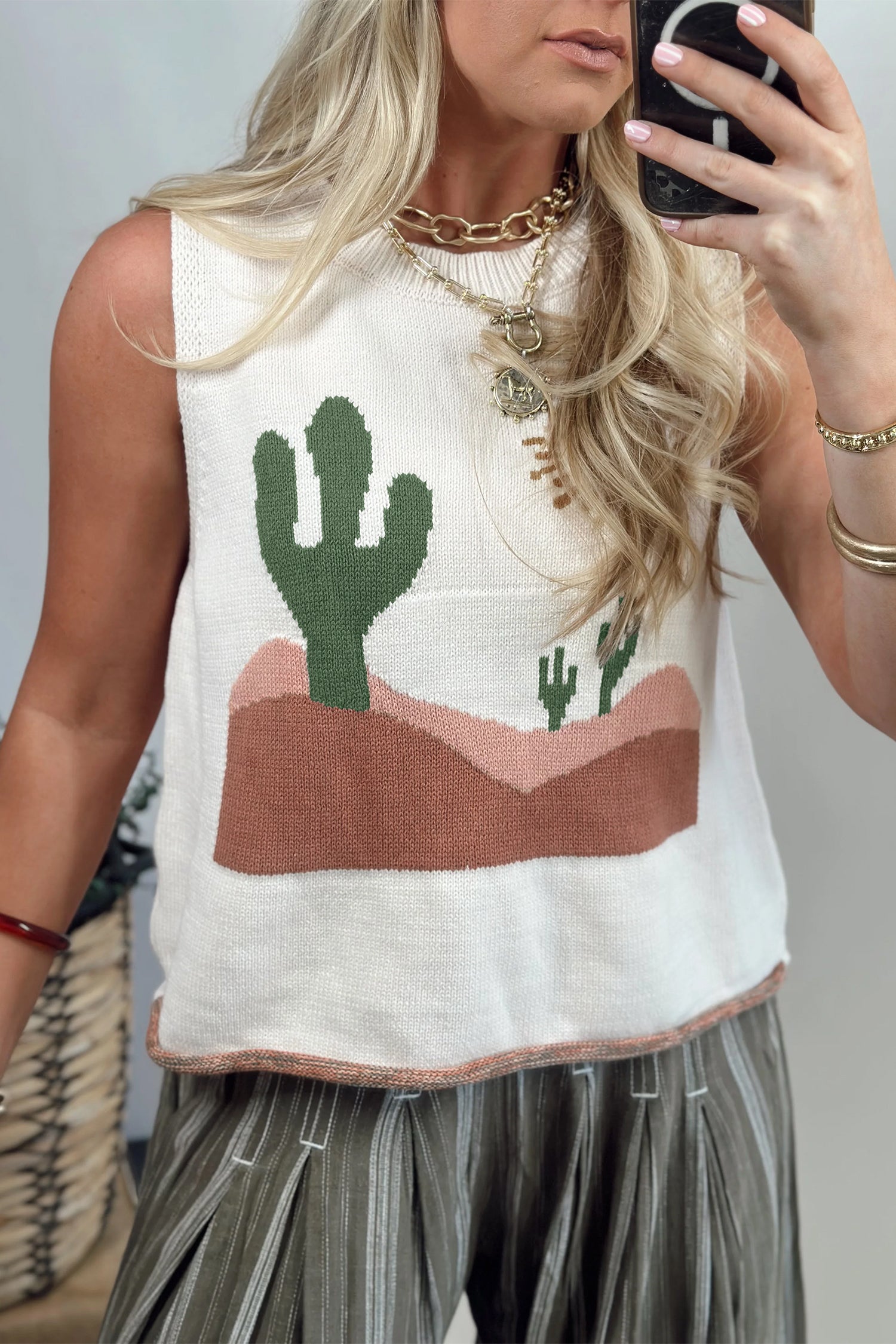 Cactus Print Colourblock Loose Sweater Vest