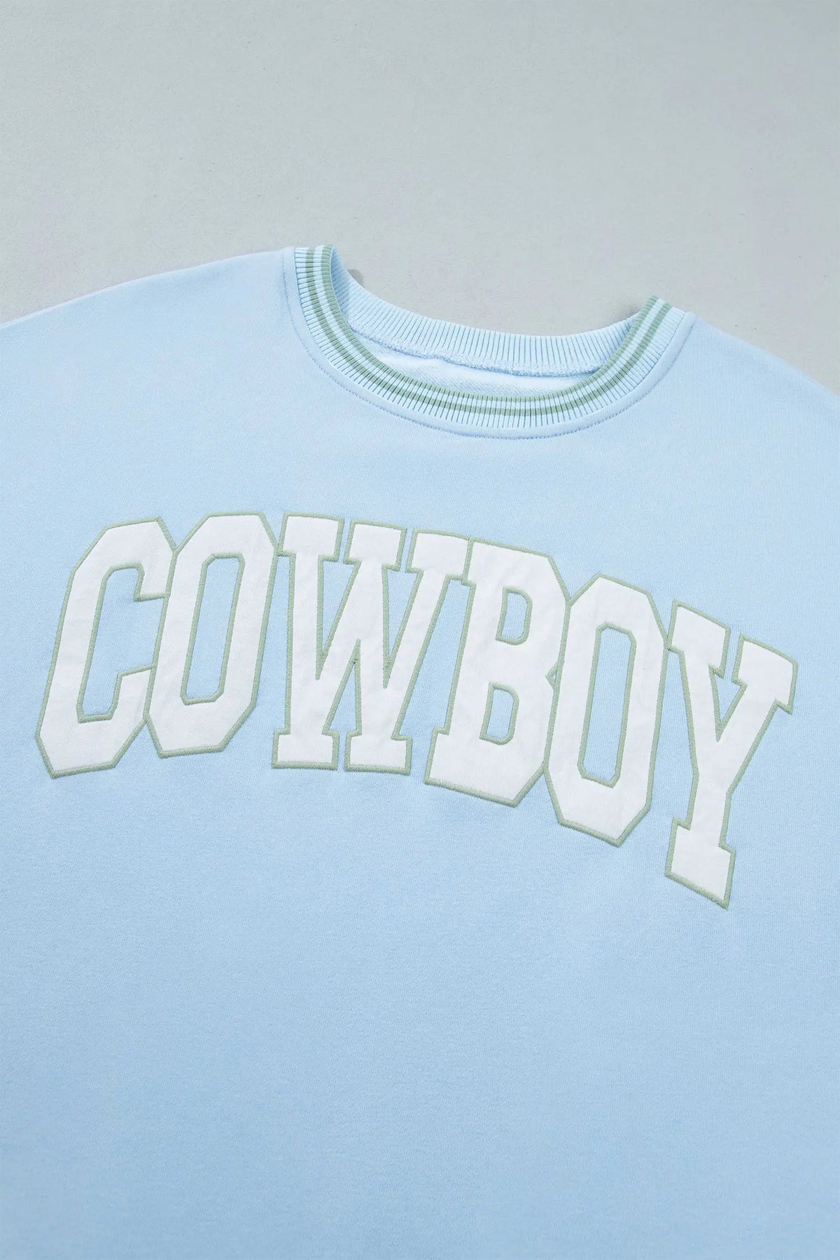 Embroidered Cowboy Letter Print Long Sleeve Round Neck Sweatshirt – Beau Blue