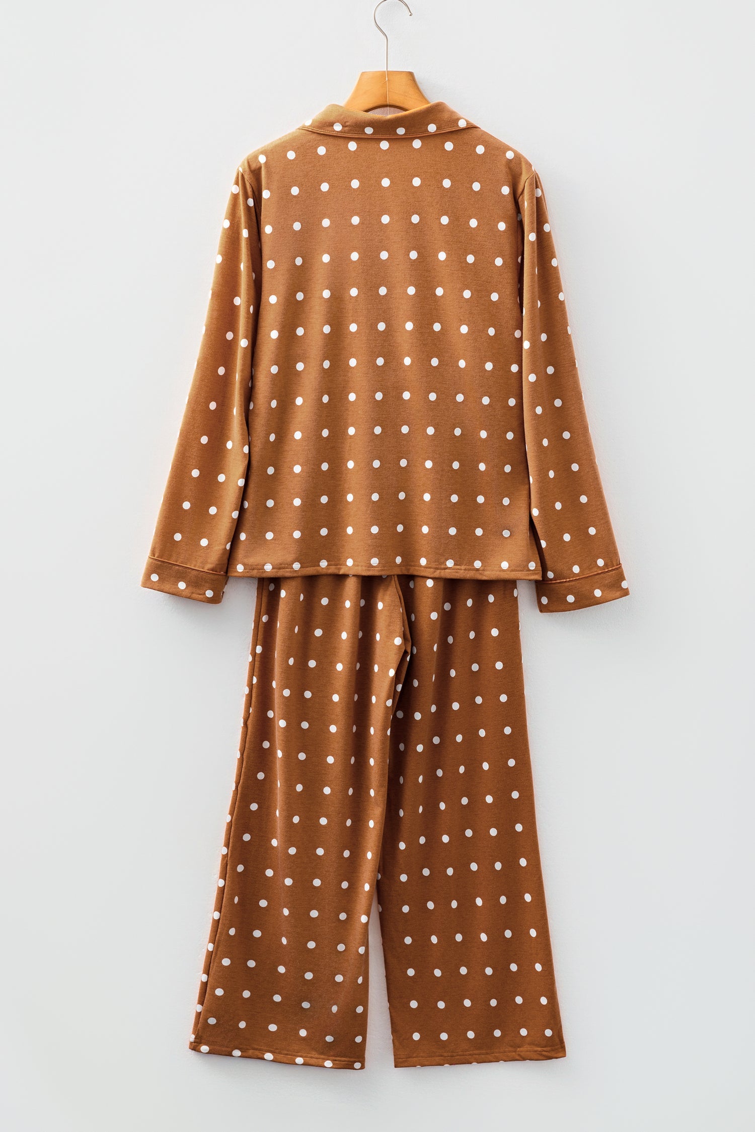 Brown Polka Dot Print Long Sleeve Shirt Pyjama Set - eAura