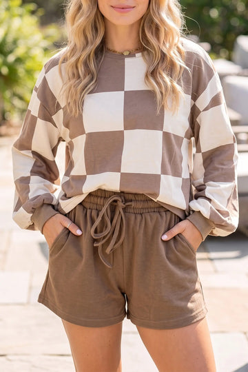 Checkerboard Plaid Long Sleeve Solid Colour Shorts 2pcs Set – Khaki