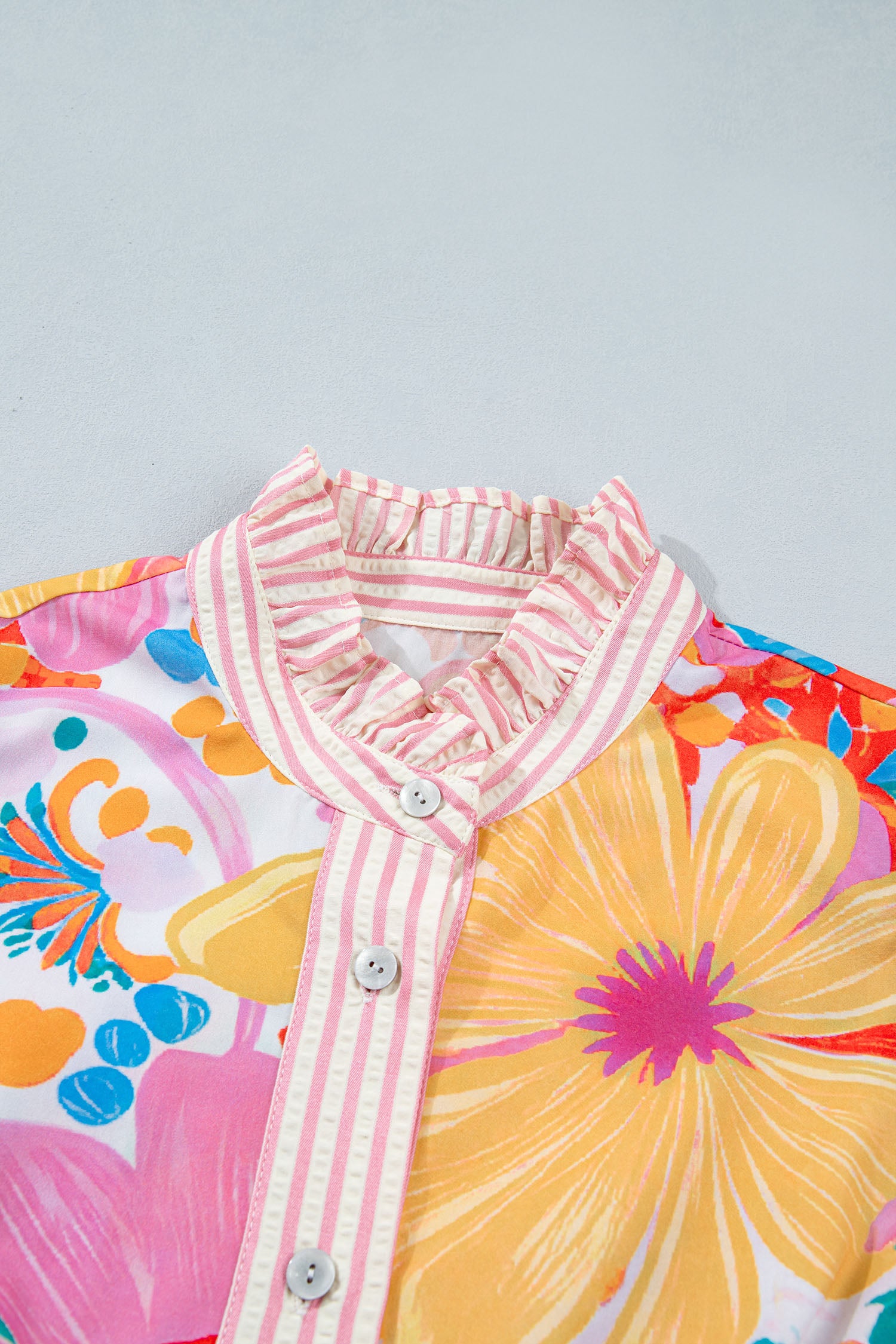 Floral Print Striped Trim Button-Down Shirt Dress