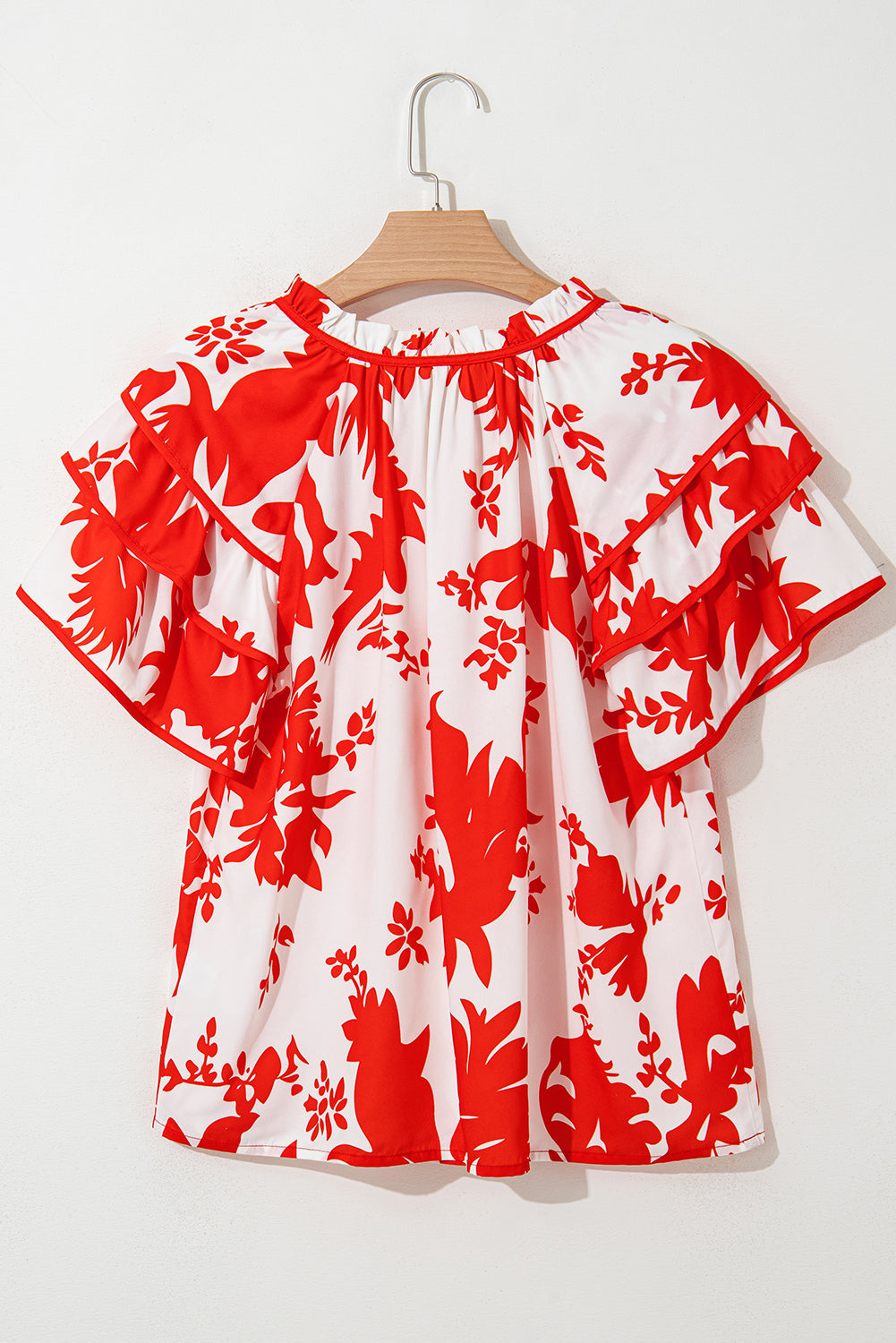 Red Plant Print Tiered Ruffled Sleeve V Neck Blouse eAura