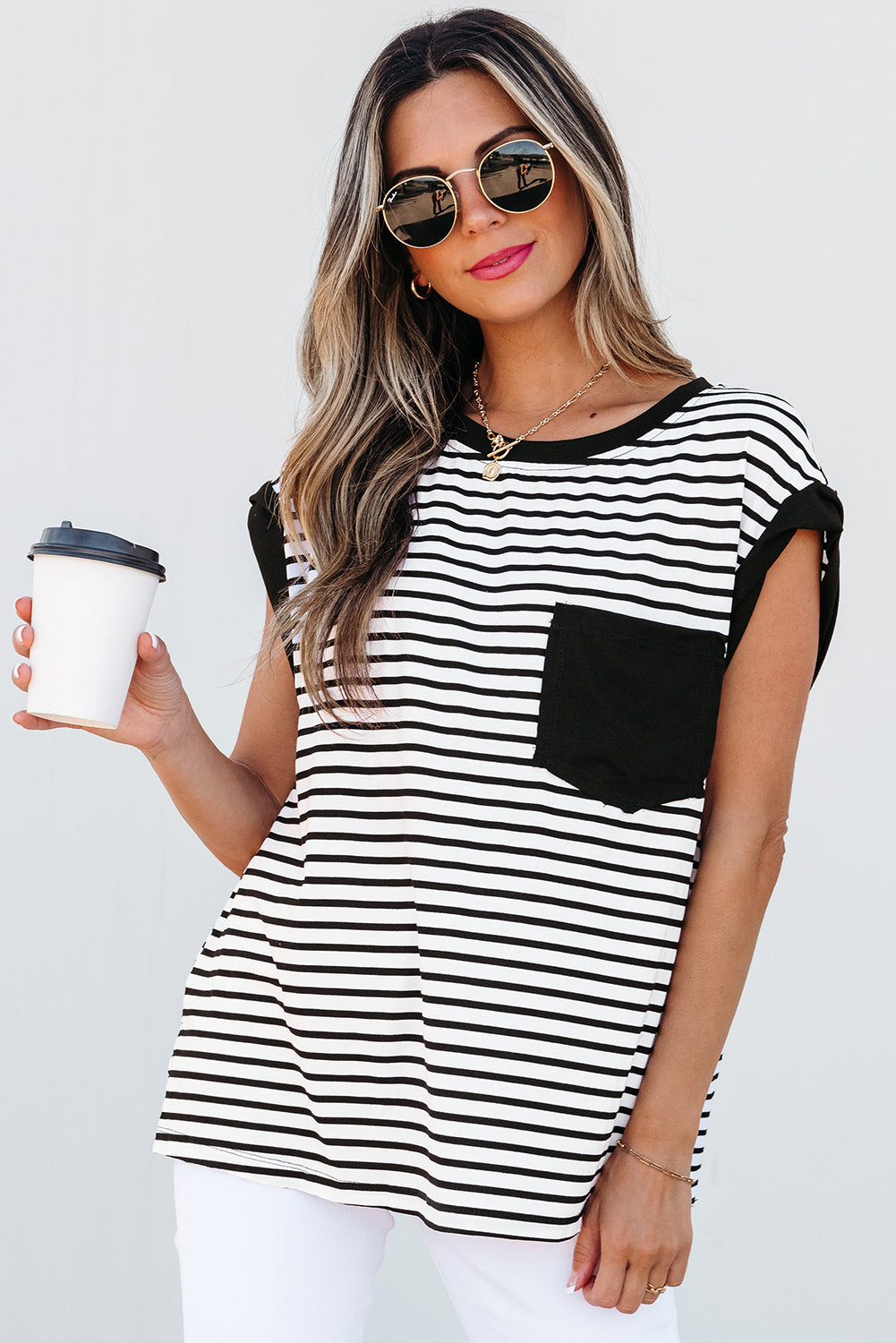Black Stripe Chest Pocket Patch Round Neck Tank Top - eAura