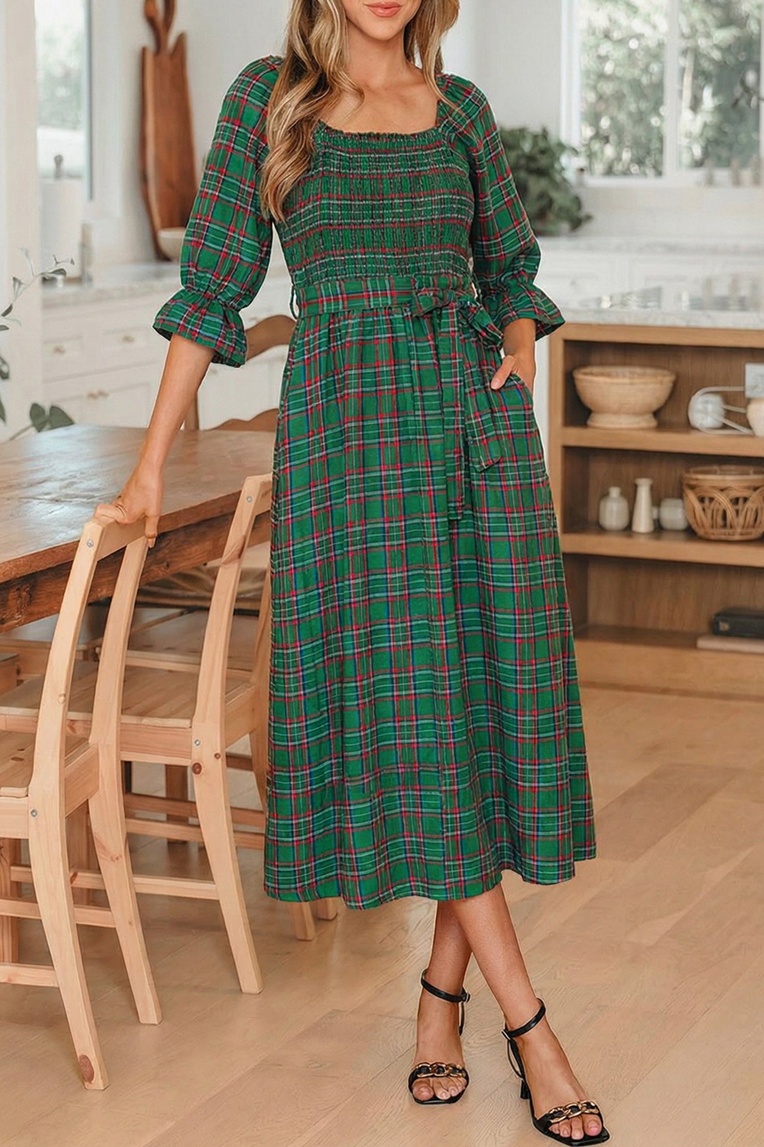 Tartan Plaid Square Neck Puff Sleeve Knot Waist Flared Midi Dress - Dresses/Midi Dresses