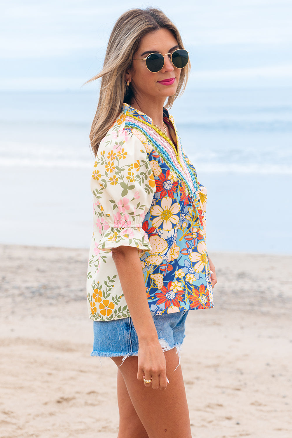 Multicolour Crochet V Neck Half Sleeve Boho Floral Blouse Dear-Lover Dropshipping