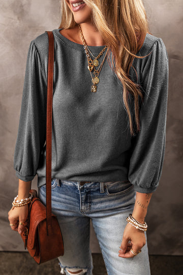 Black Solid Colour 3/4 Sleeve Round Neck Blouse eAura
