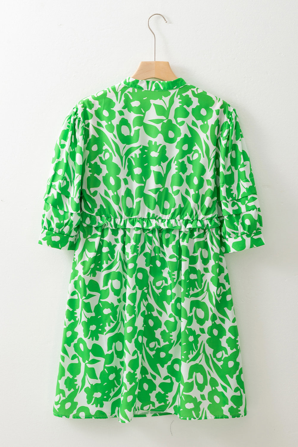Green Floral Print Puff Half Sleeve V Neck Babydoll Dress eAura