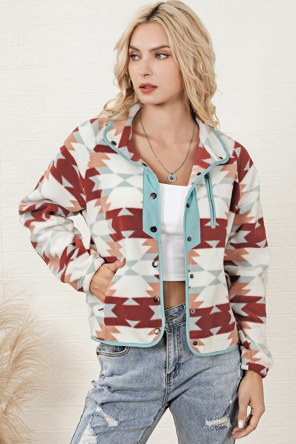 Fiery Red Western Aztec Buttoned Zipper Pockets Fleece Jacket eAura