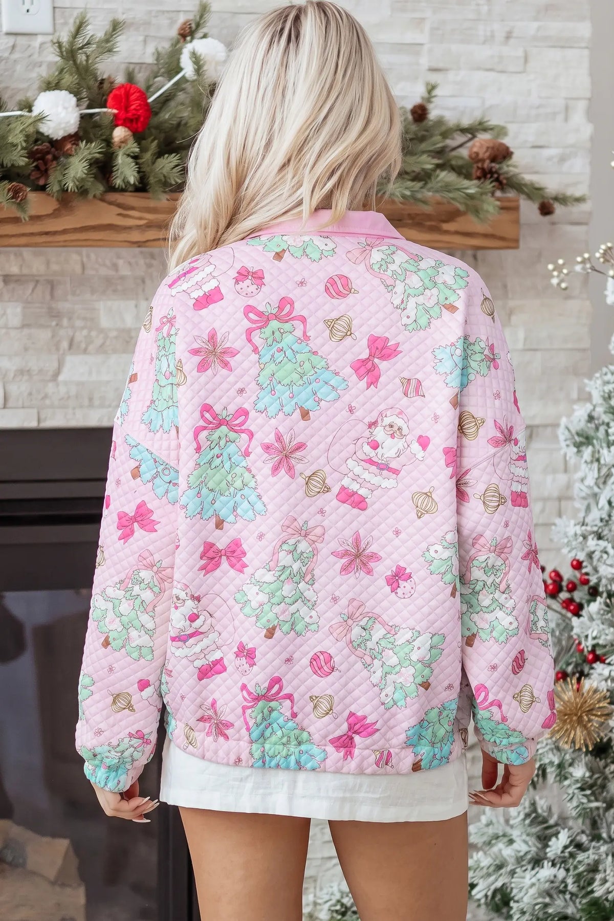 Sweatshirt Quilted Collar Half-Button Loose Christmas Print