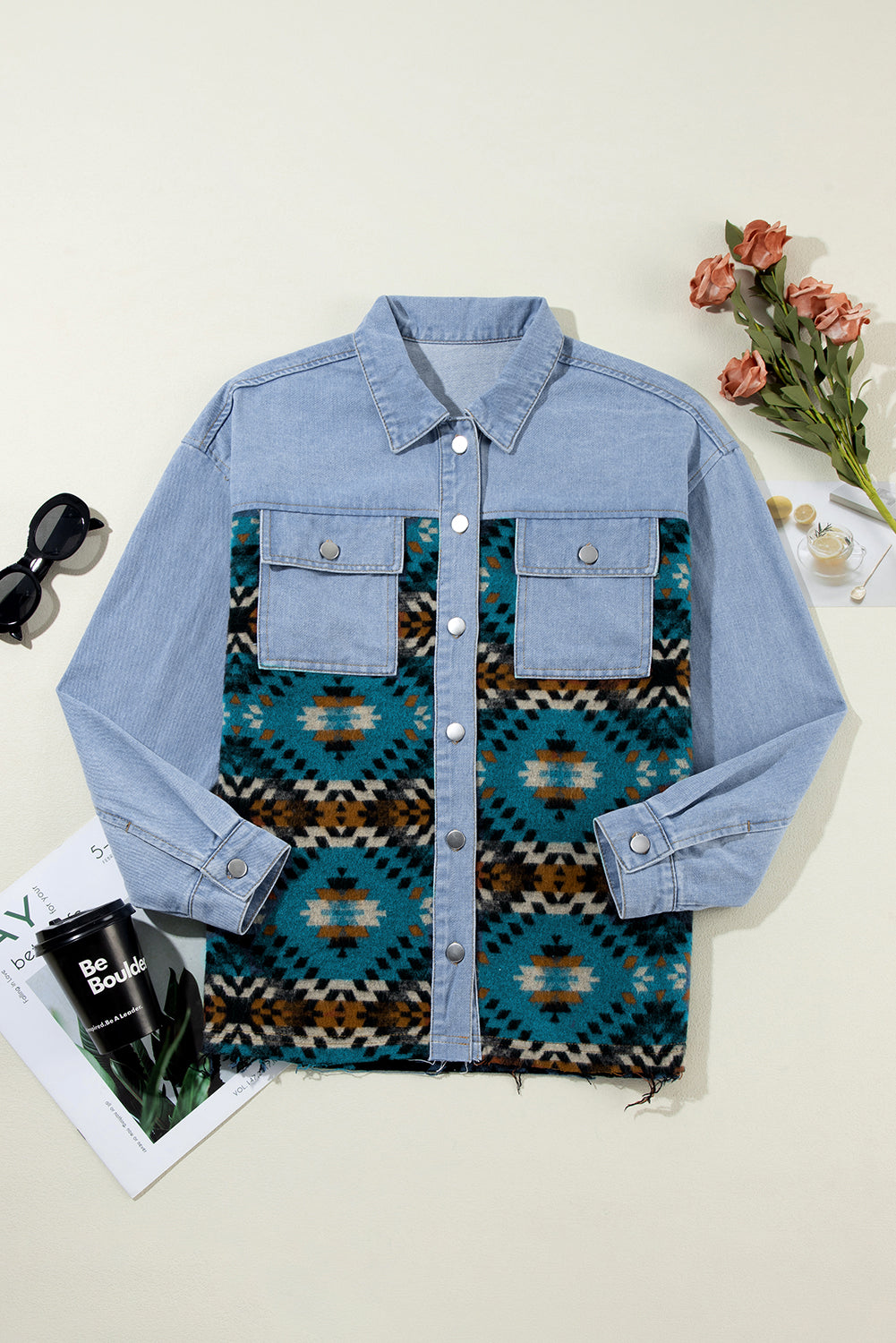 Blue Aztec Printed Denim Jacket Beagle Boutique Fashion Outlet