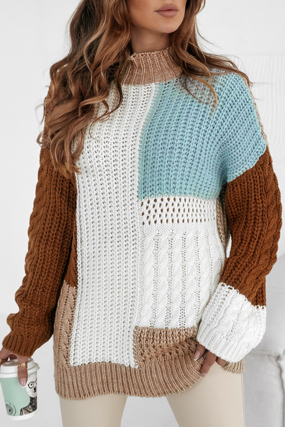 Khaki Mix Textured Knit Colourblock Patchwork Sweater eAura
