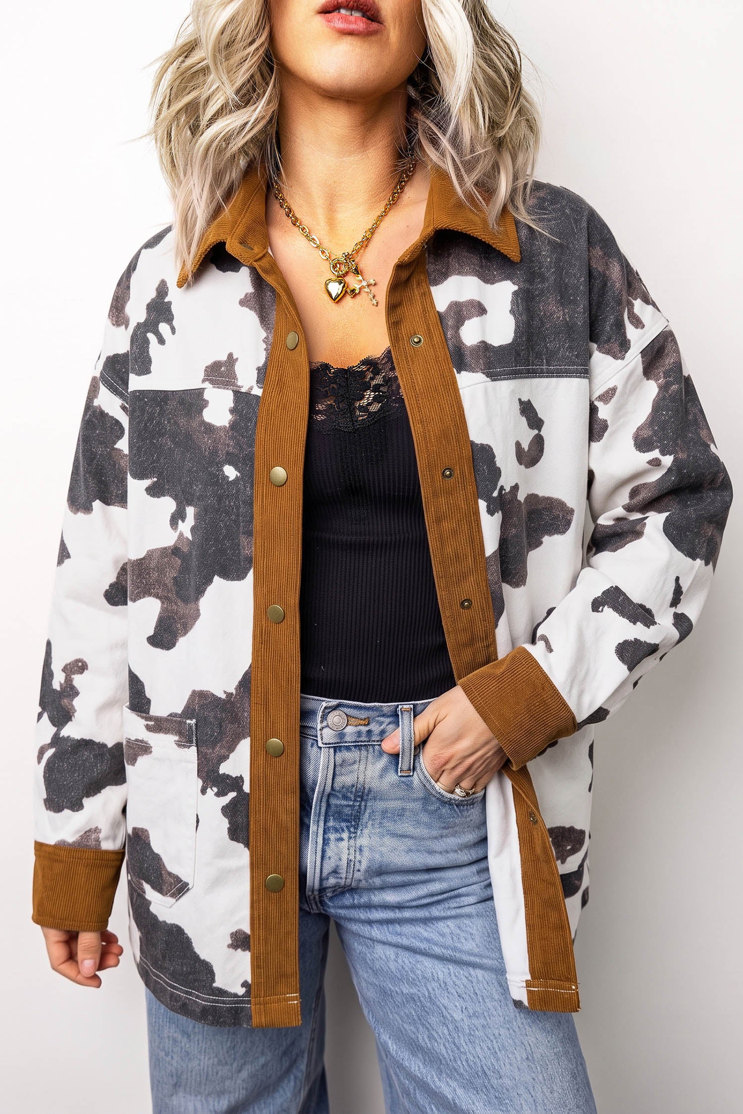 Western Cow Print Long Sleeve Button-Up Denim Jacket – Multicolour