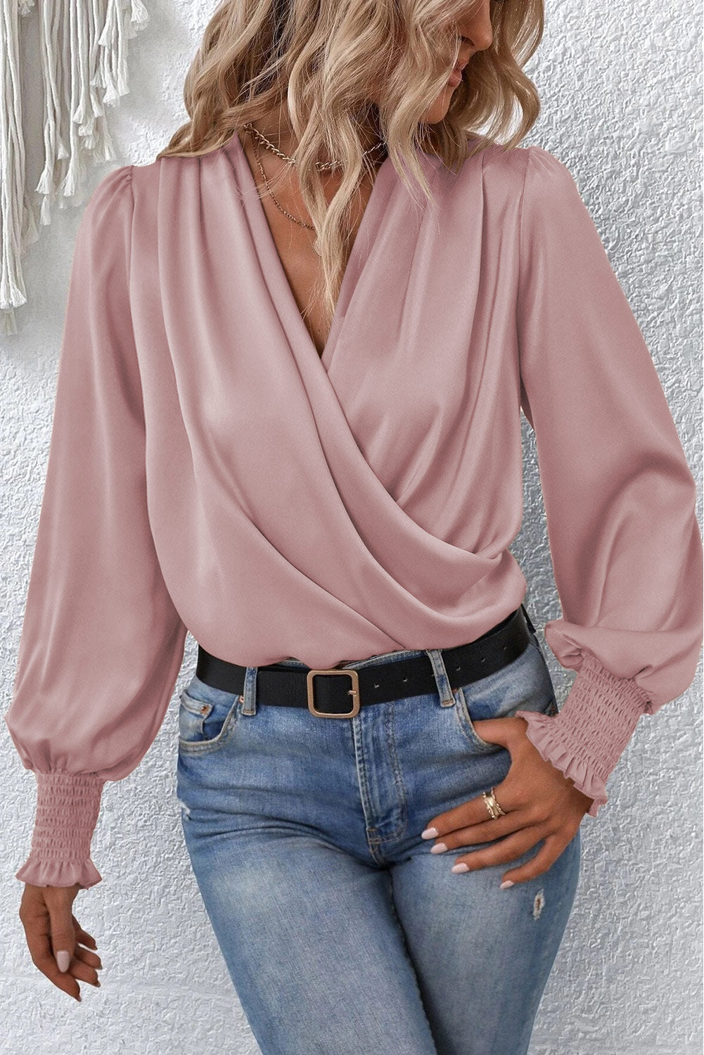 Black Solid Surplice Neck Shirred Cuffs Draped Blouse BB Fashion Outlet
