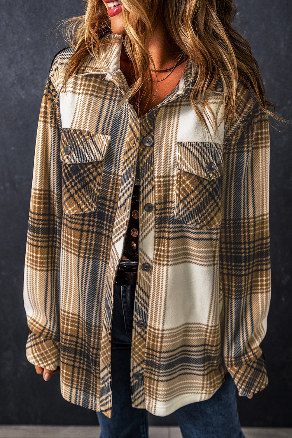 Multicolour Plaid Print Flap Pocket Button Up Shacket Beagle Boutique Fashion Outlet