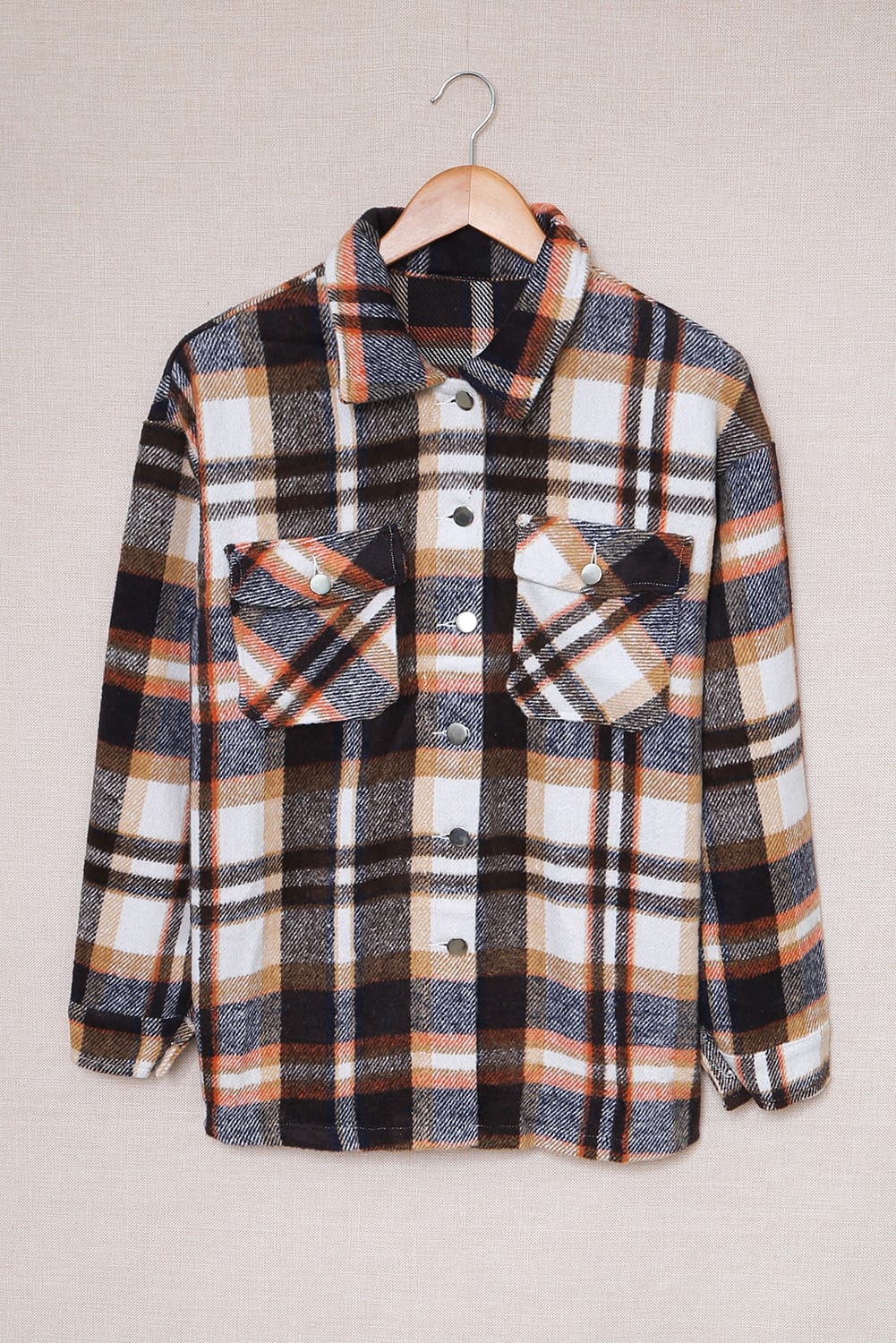 Geometric Plaid Print Pocketed Shacket eAura