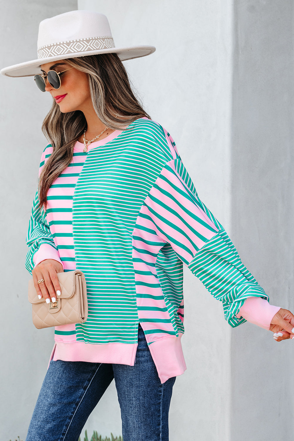 Green Stripe Patchwork Side Slit Oversized Sweatshirt - eAura