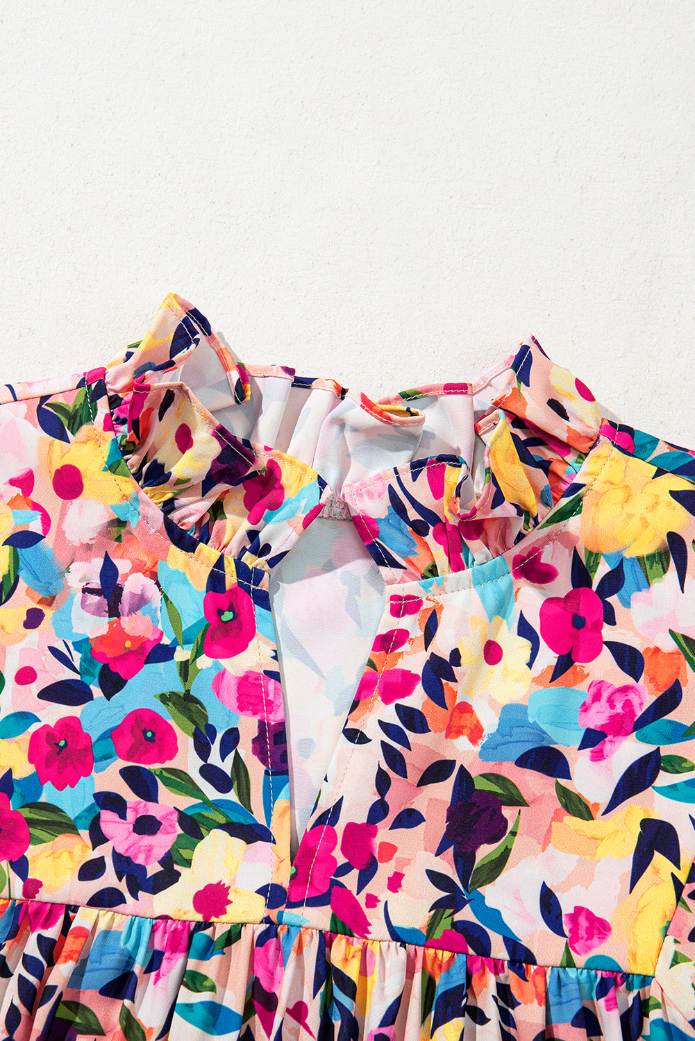 Pink Floral Puff Short Sleeve V Neck Mini Dress eAura