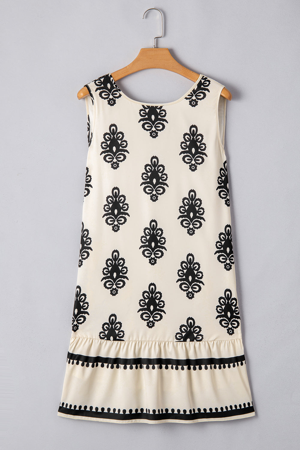 Beige Geometric Printed Sleeveless Hollowed Bowknot Back Mini Dress eAura