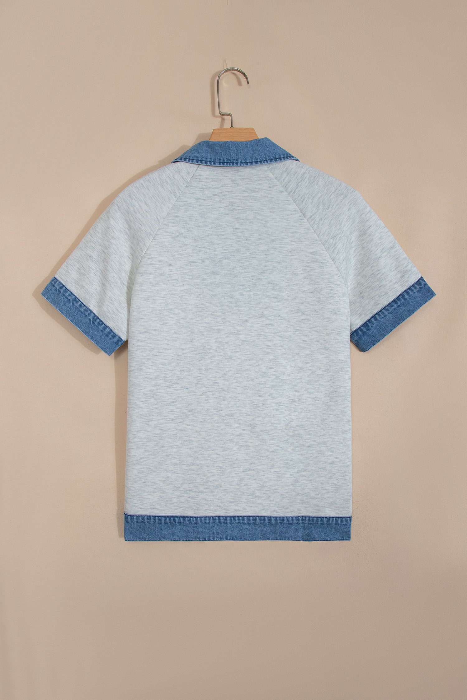 Denim Contrast Collar Cuffed Short Sleeve Top – Light Grey