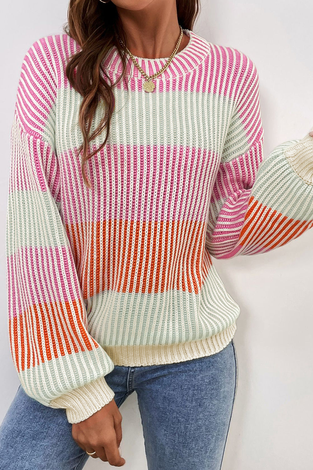 Pink Colourblock Textured Knit Bubble Sleeve Sweater eAura