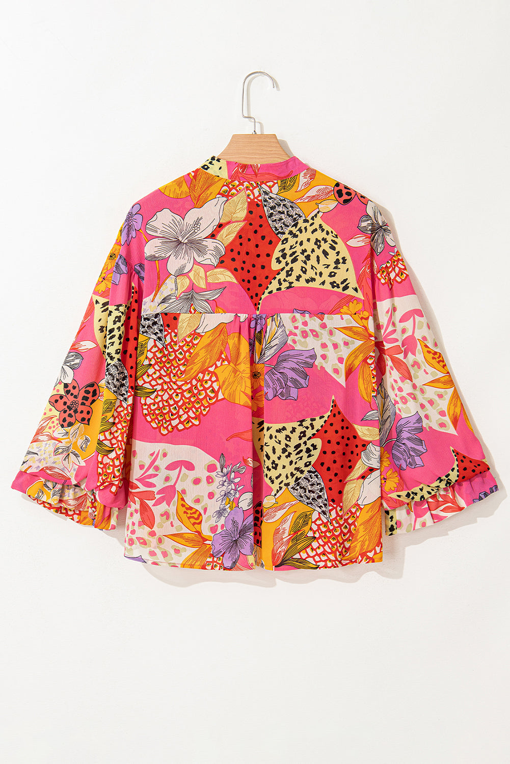 Red Abstract Floral Print Buttoned Ruffled Bubble Sleeve Shirt Beagle Boutique Fashion Outlet