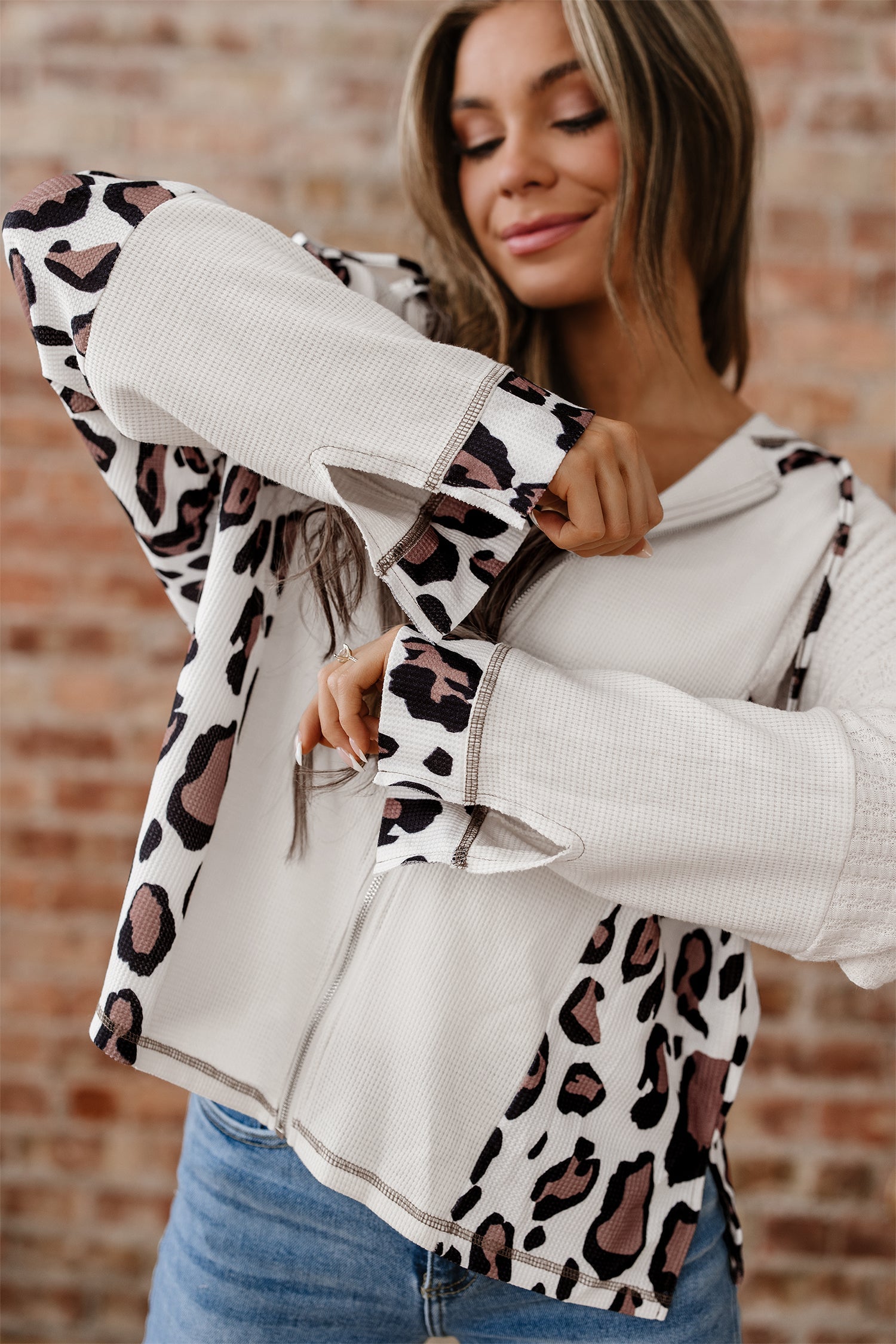 Oversized Leopard Contrast Mixed Texture Patchwork Zip-Up Drop Shoulder Hoodie - Tops/Sweatshirts & Hoodies